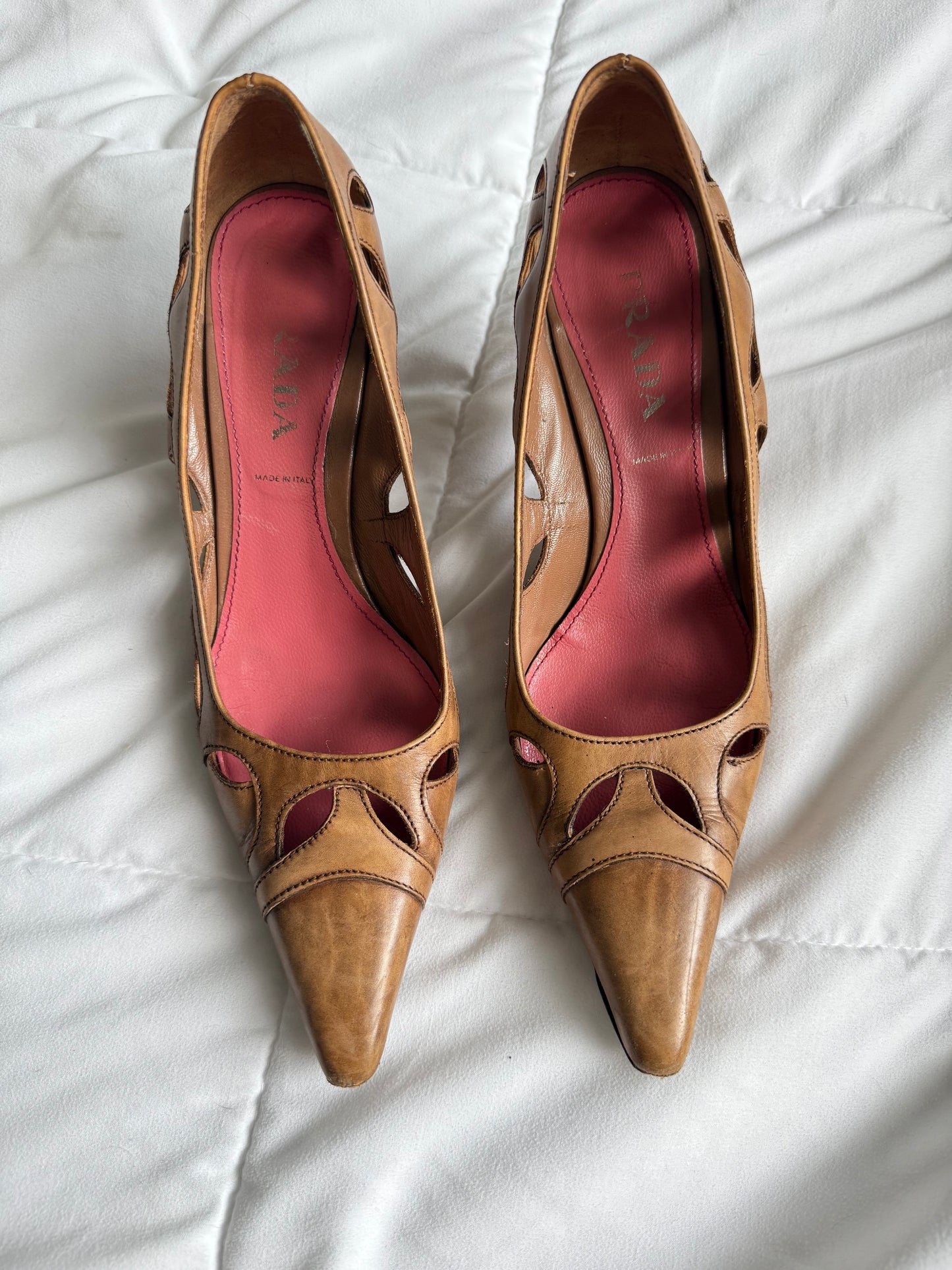 Prada Tan Leather Cutout Pumps — Early 2000s Miuccia Prada Era