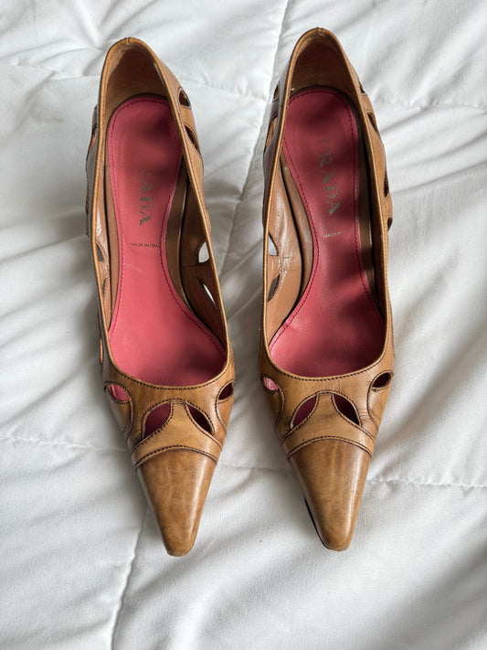 Prada Tan Leather Cutout Pumps — Early 2000s Miuccia Prada Era