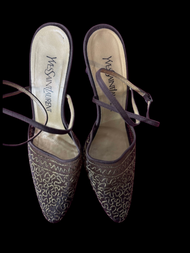 YSL Yves Saint Laurent Embroidered Ankle Strap Pumps — Late 1990s
