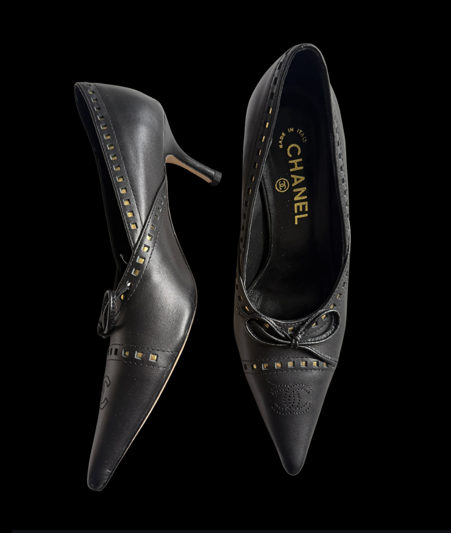 Chanel Studded Bow Pumps — Early 2000s Karl Lagerfeld Era